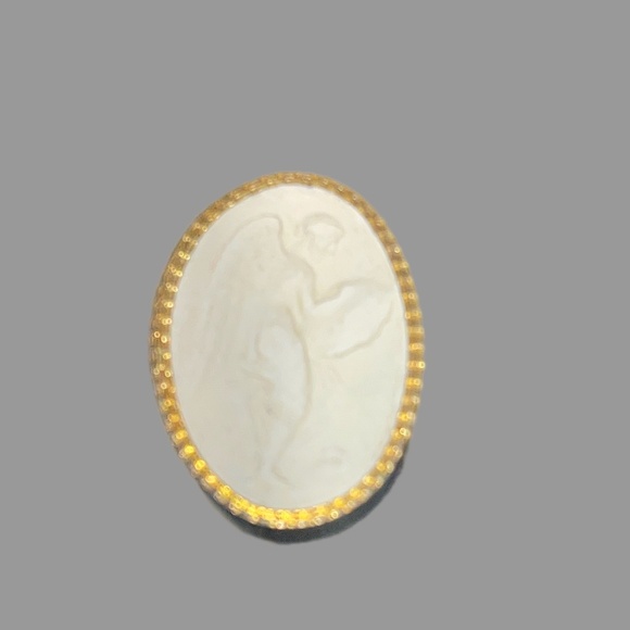Antique White Plaster Relief Cameo Angel with Wings Gold Tone Outline Oval